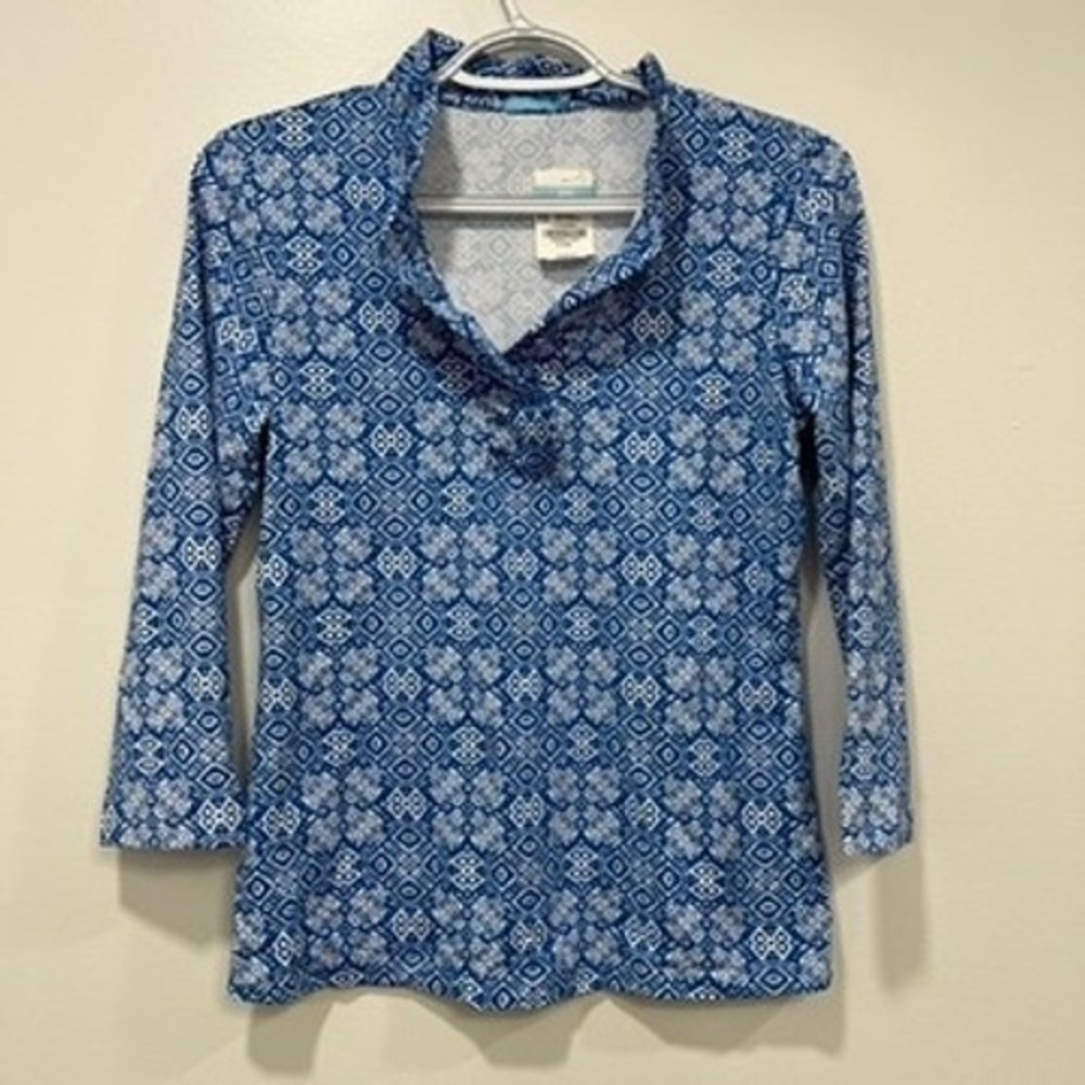 J Mclaughlin Durham Top XS NWT $168 Catalina Ruffle 3/4 Sleeve Neo Blue Tapestry